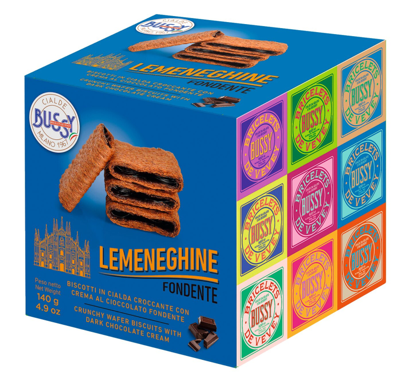 Le Meneghine Fondente Waffelgebäck mit Zartbitterschokoladencreme von Bussy in der bunten Verpackung von Il Gusto di Mario